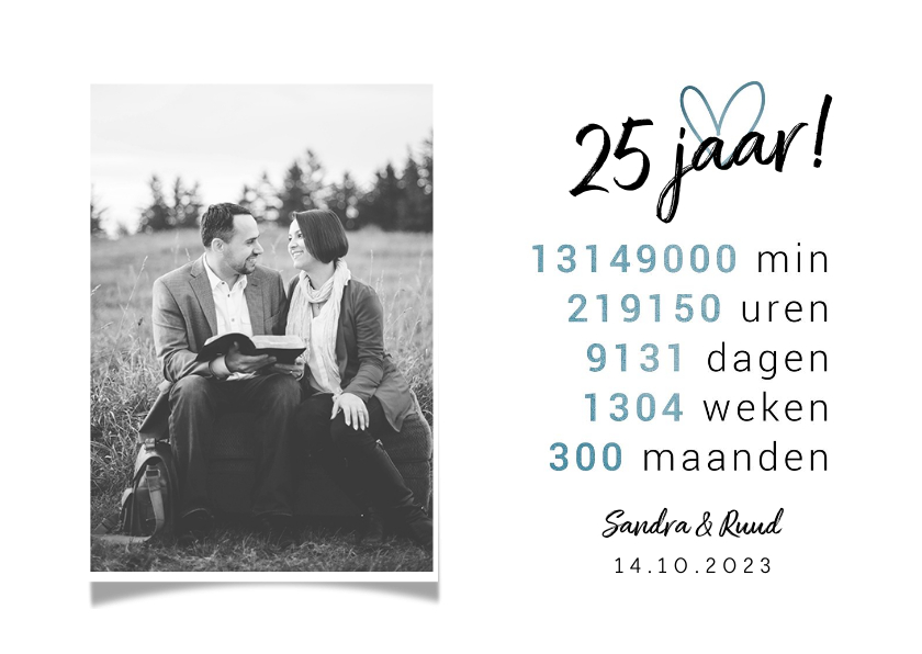 Jubileumkaart 25 jaar rekensom hartje met foto - Jubileumkaarten Jubileumkaarten - Jubileumkaart 25 jaar rekensom hartje met foto