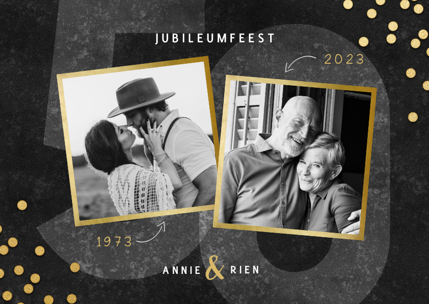 Jubileumkaarten - Jubileumkaart 50 jaar getrouwd gouden confetti en foto's