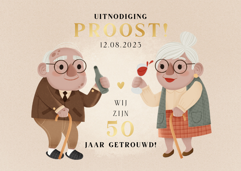 Jubileumkaart 50 jaar getrouwd Proost! Met oude man en vrouw - Jubileumkaarten Jubileumkaarten - Jubileumkaart 50 jaar getrouwd Proost! Met oude man en vrouw