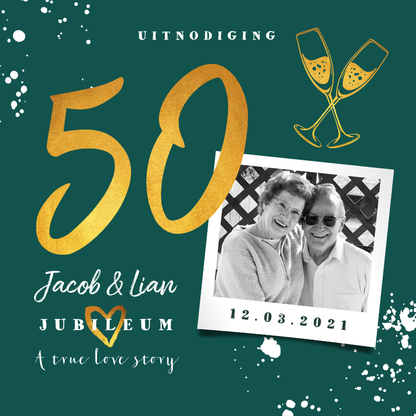 Jubileumkaarten - Jubileumkaart 50 jaar huwelijk groen stijlvol met champagne