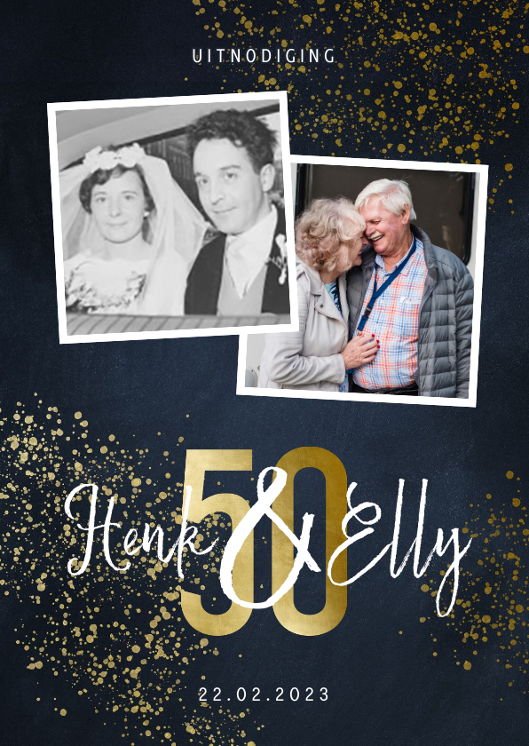Jubileumkaart 50 jaar stijlvol goudlook met foto en spetters - Jubileumkaarten Jubileumkaarten - Jubileumkaart 50 jaar stijlvol goudlook met foto en spetters