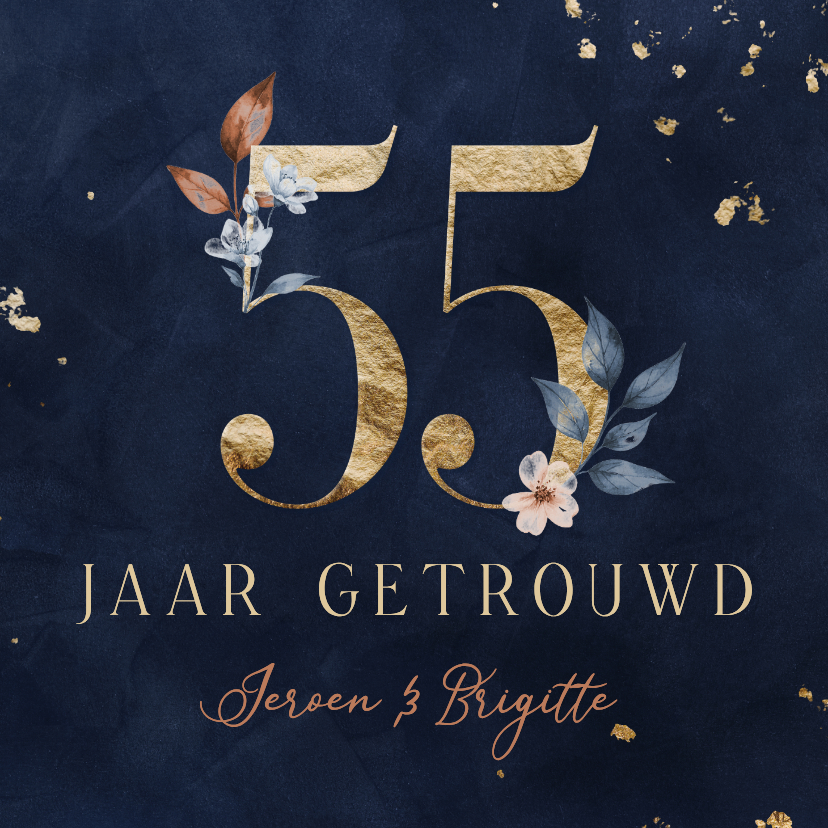 Jubileumkaarten - Jubileumkaart 55 jaar goud met aquarel bloemen