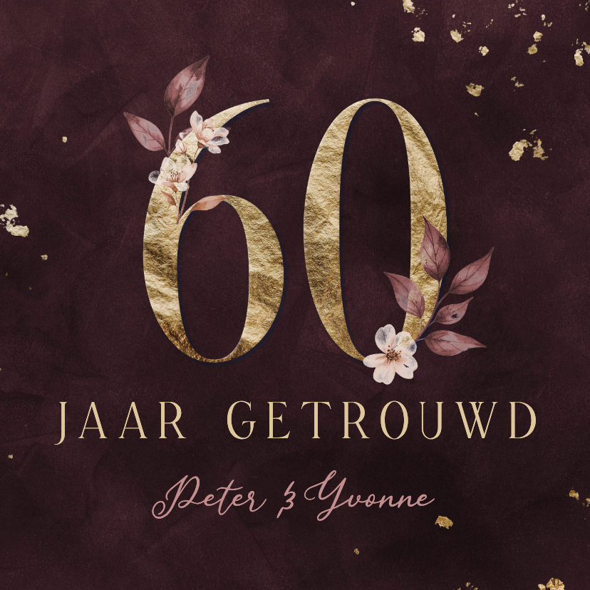 Jubileumkaart 60 jaar goud met aquarel bloemen - Jubileumkaarten Jubileumkaarten - Jubileumkaart 60 jaar goud met aquarel bloemen