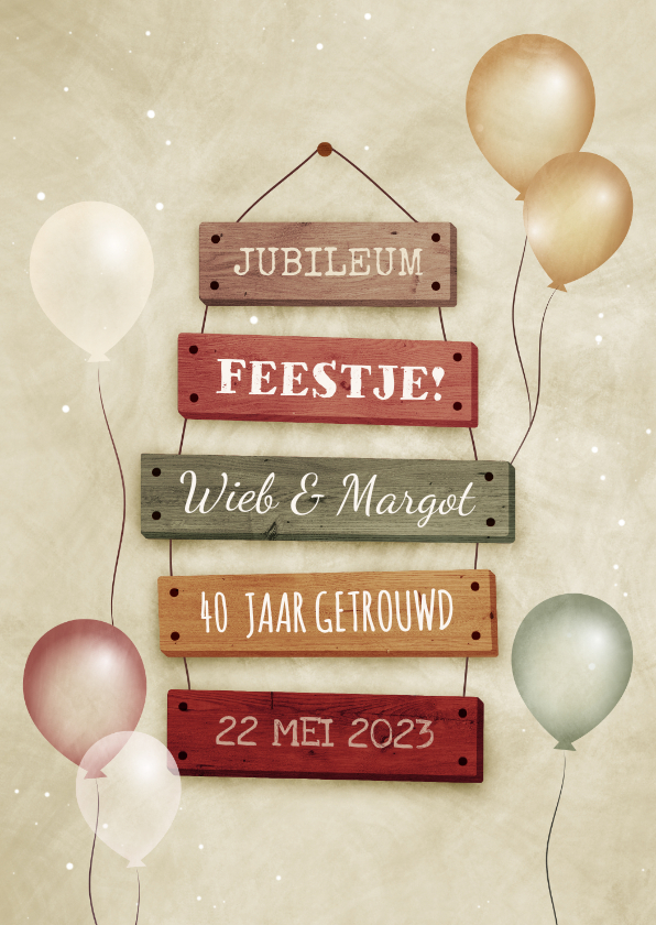 Jubileumkaarten - Jubileumkaart aanpasbaar met feestelijke ballonnen bordjes