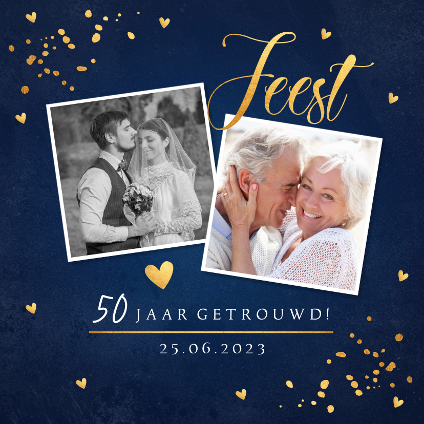 Jubileumkaarten - Jubileumkaart blauw foto confetti goudlook 50 jaar