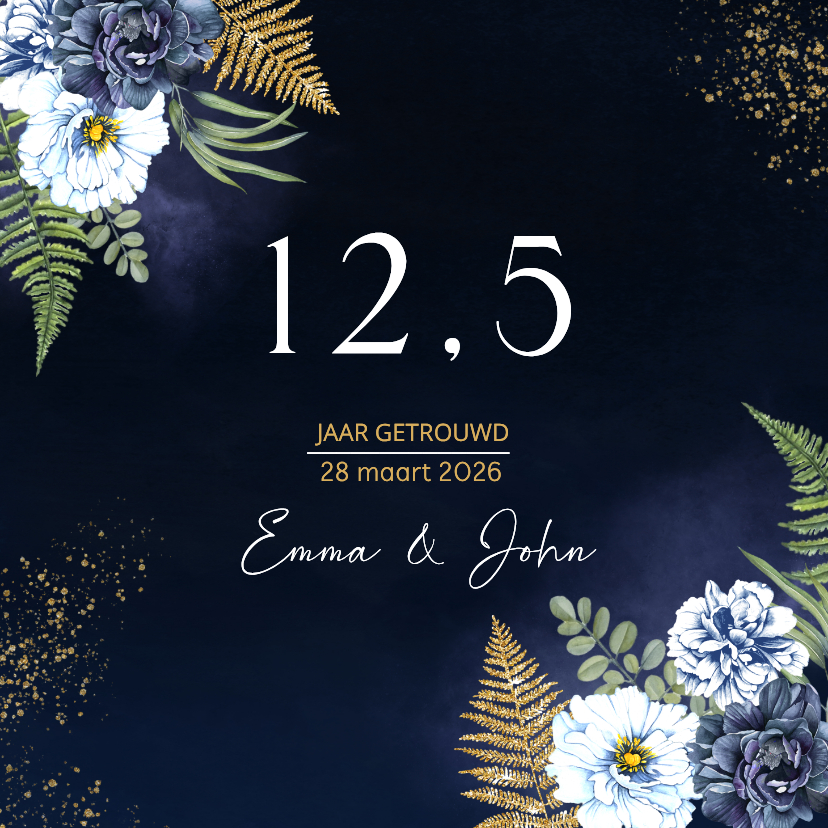 jubileumkaart blauwe pioenroos goud - Jubileumkaarten Jubileumkaarten - jubileumkaart blauwe pioenroos goud