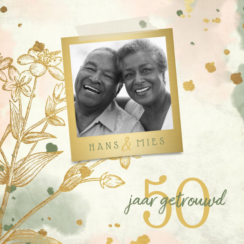 Jubileumkaarten - Jubileumkaart bloemen goud met waterverf foto en spetters