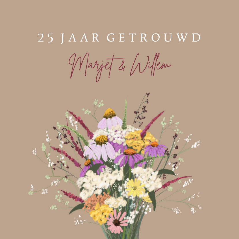 Jubileumkaart bruidspaar boeket vrolijke bloemen - Jubileumkaarten Jubileumkaarten - Jubileumkaart bruidspaar boeket vrolijke bloemen