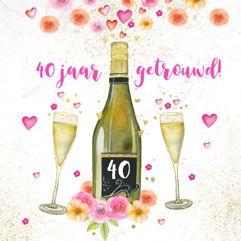 Jubileumkaarten - Jubileumkaart champagne en aquarelbloemen 