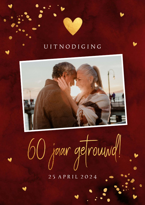 Jubileumkaarten - Jubileumkaart donkerrood foto 60 jaar getrouwd goudlook