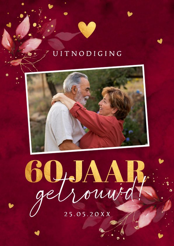 Jubileumkaarten - Jubileumkaart donkerrood foto 60 jaar getrouwd goudlook