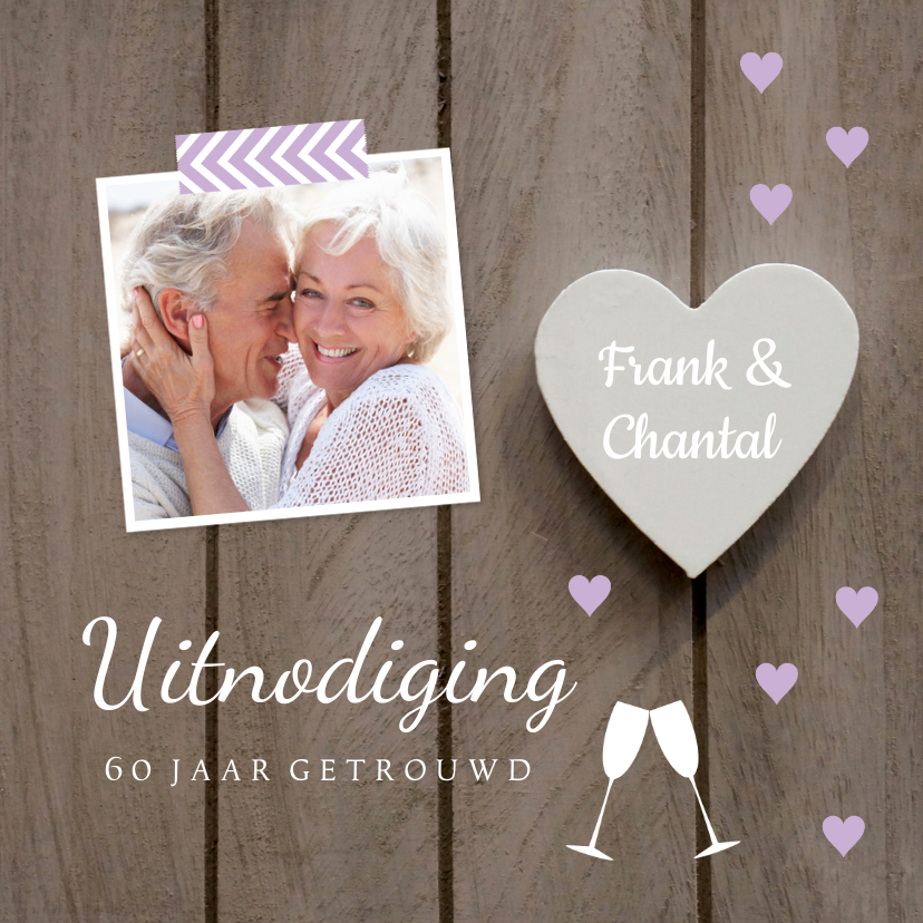 Jubileumkaart foto houtlook hartjes paars - Jubileumkaarten Jubileumkaarten - Jubileumkaart foto houtlook hartjes paars