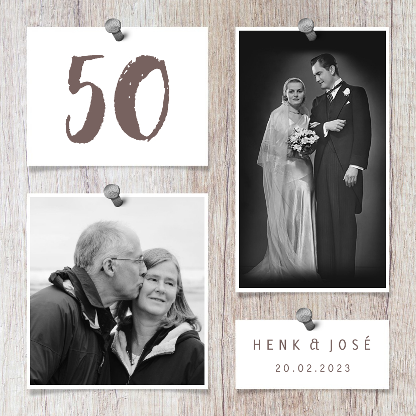 Jubileumkaart hout met foto's en spijkers - Jubileumkaarten Jubileumkaarten - Jubileumkaart hout met foto's en spijkers