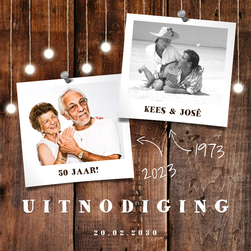 Jubileumkaarten - Jubileumkaart hout met hangende lampjes en foto's