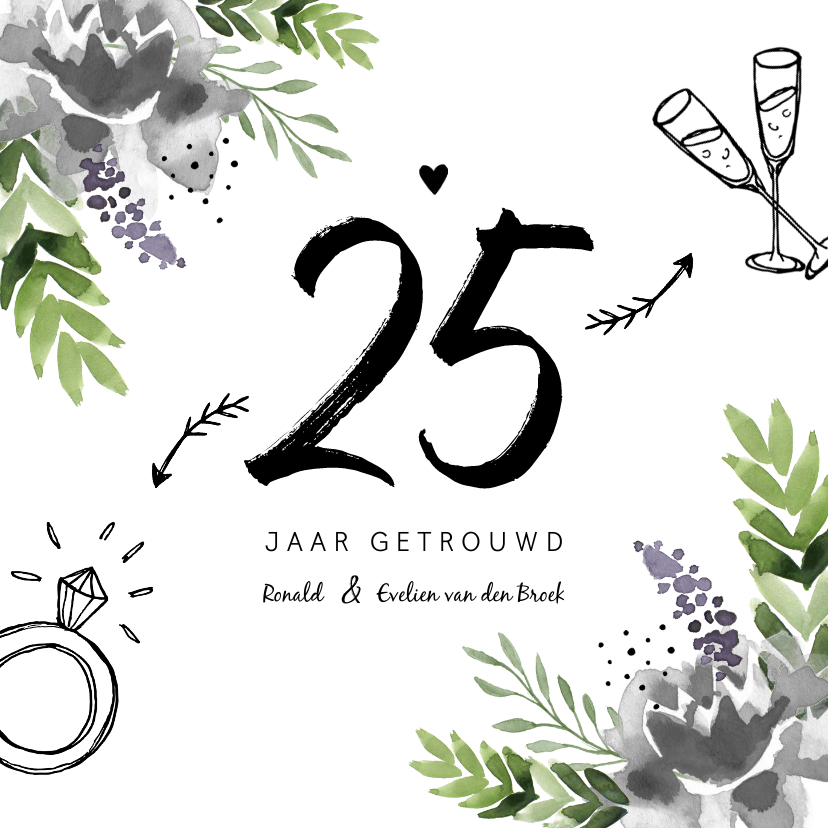 Jubileumkaarten - Jubileumkaart huwelijk bloemen stijlvol en hip