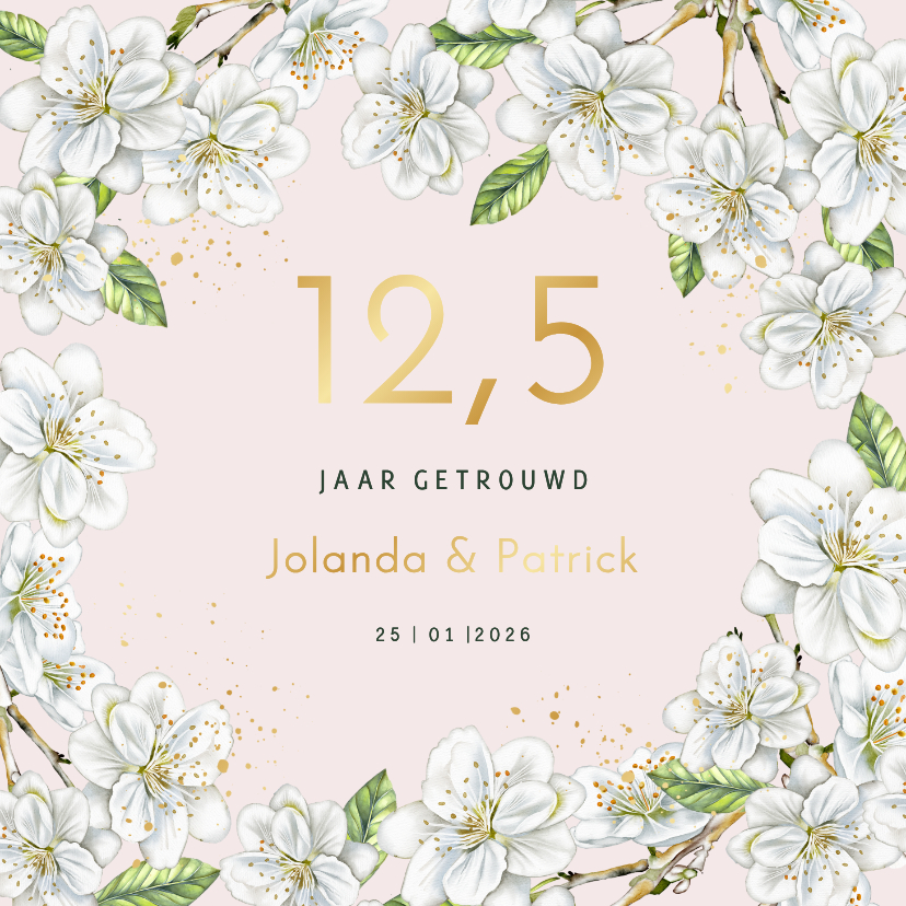 Jubileumkaarten - Jubileumkaart huwelijk witte bloesem op groen fluweel