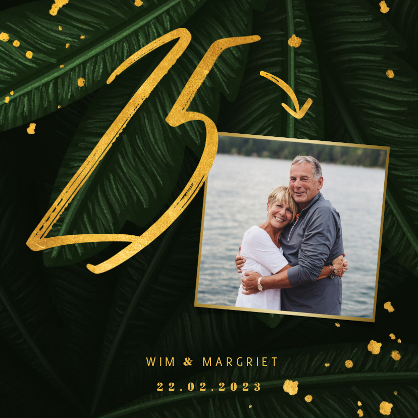 Jubileumkaart jungle bladeren met foto en gouden '25' - Jubileumkaarten Jubileumkaarten - Jubileumkaart jungle bladeren met foto en gouden '25'
