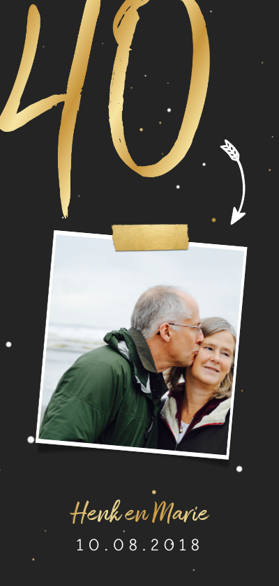 Jubileumkaart langwerpig met gouden 40 en foto - Jubileumkaarten Jubileumkaarten - Jubileumkaart langwerpig met gouden 40 en foto