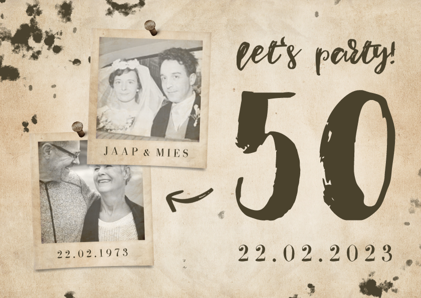 Jubileumkaart 'let's party' vintage met foto's en getal - Jubileumkaarten Jubileumkaarten - Jubileumkaart 'let's party' vintage met foto's en getal