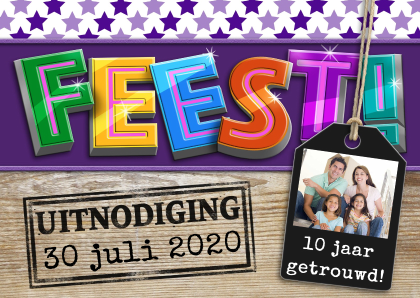 Jubileumkaart met feest, foto en sterren op houtprint - Jubileumkaarten Jubileumkaarten - Jubileumkaart met feest, foto en sterren op houtprint