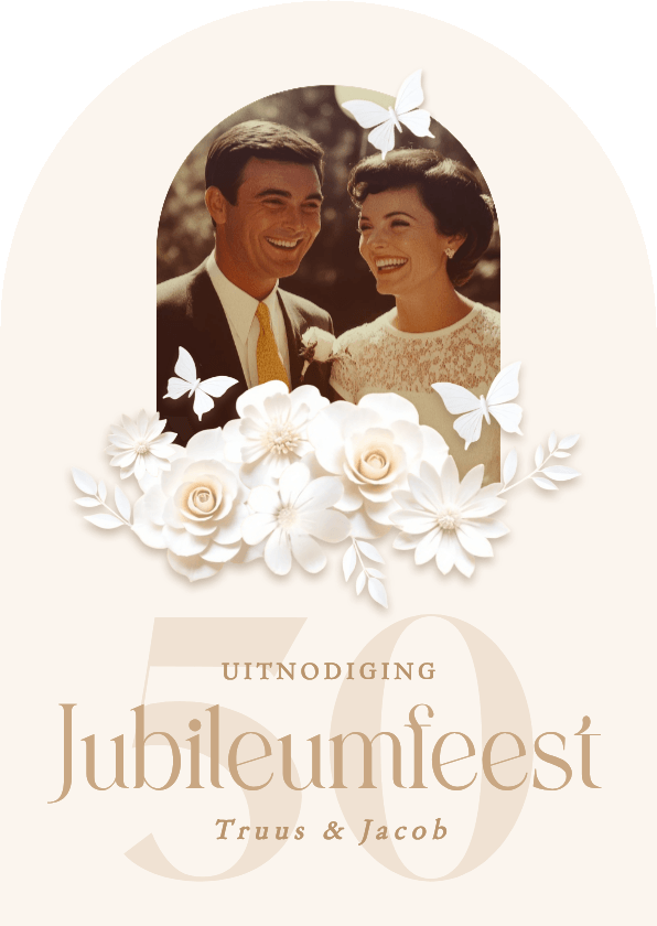 Jubileumkaarten - Jubileumkaart met foto en witte bloemen in boogvorm