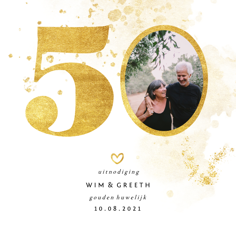 Jubileumkaart met gouden 50 en foto - Jubileumkaarten Jubileumkaarten - Jubileumkaart met gouden 50 en foto