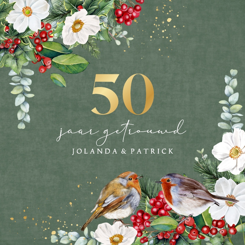 Jubileumkaarten - Jubileumkaart roodborstje botanische bloemen en takken