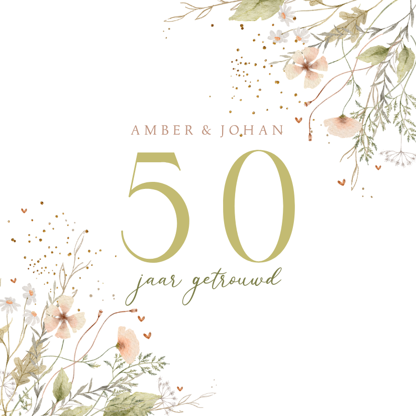 Jubileumkaarten - Jubileumkaart veldbloemen met glitterlook