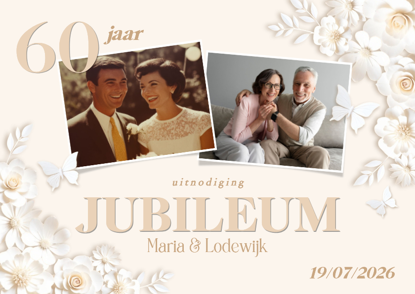 Klassieke fotokaart huwelijksjubileum met witte bloemen en v - Jubileumkaarten Jubileumkaarten - Klassieke fotokaart huwelijksjubileum met witte bloemen en v