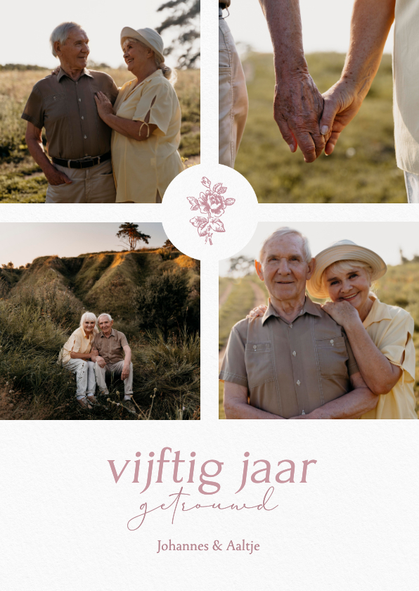Klassieke jubileum uitnodiging met vintage roosje en foto's - Jubileumkaarten Jubileumkaarten - Klassieke jubileum uitnodiging met vintage roosje en foto's