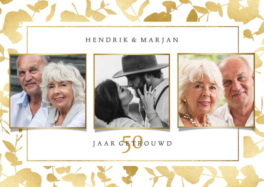 Moderne uitnodiging jubileum gouden planten kader & foto's - Jubileumkaarten Jubileumkaarten - Moderne uitnodiging jubileum gouden planten kader & foto's