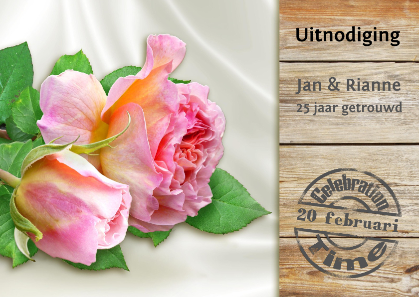 Mooie uitnodiging 2 rozen op satijn en steigerhout - Jubileumkaarten Jubileumkaarten - Mooie uitnodiging 2 rozen op satijn en steigerhout