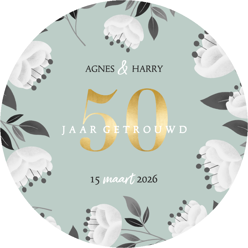 Jubileumkaarten - Ronde uitnodiging 50-jarig jubileumfeest witte bloemen