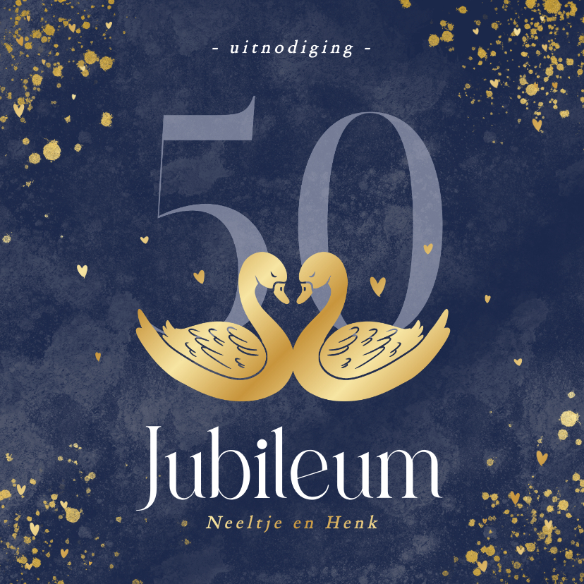 Jubileumkaarten - Stijlvolle blauwe 50 jubileum uitnodiging met gouden zwanen 