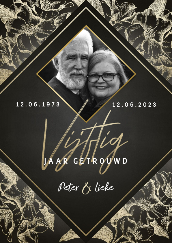 Stijlvolle jubileumkaart 50 jaar getrouwd gouden bloemen - Jubileumkaarten Jubileumkaarten - Stijlvolle jubileumkaart 50 jaar getrouwd gouden bloemen