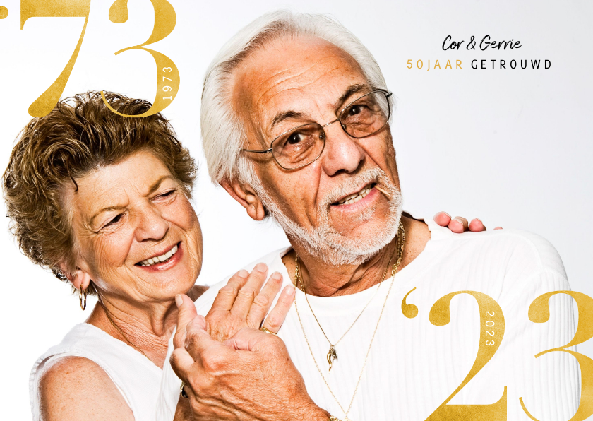 Stijlvolle jubileumkaart, gouden cijfers en grote foto - Jubileumkaarten Jubileumkaarten - Stijlvolle jubileumkaart, gouden cijfers en grote foto