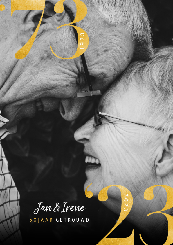 Stijlvolle jubileumkaart met gouden cijfers en grote foto - Jubileumkaarten Jubileumkaarten - Stijlvolle jubileumkaart met gouden cijfers en grote foto