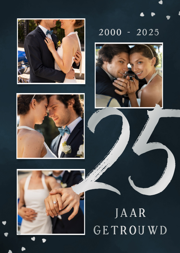 Stijlvolle jubileumkaart zilver 25 jaar getrouwd fotocollage - Jubileumkaarten Jubileumkaarten - Stijlvolle jubileumkaart zilver 25 jaar getrouwd fotocollage