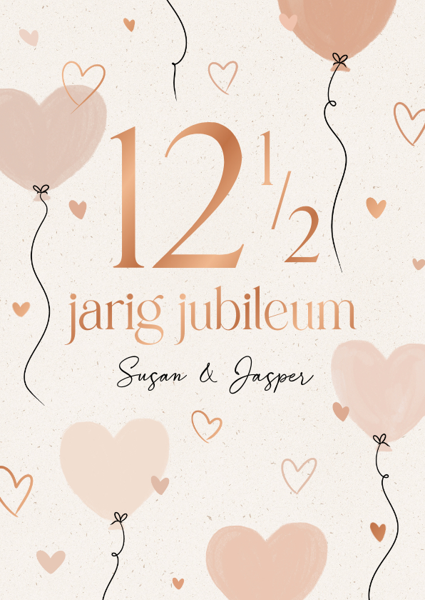 Jubileumkaarten - Stijlvolle jubileumkaarten met roze hartjes ballonnen koper