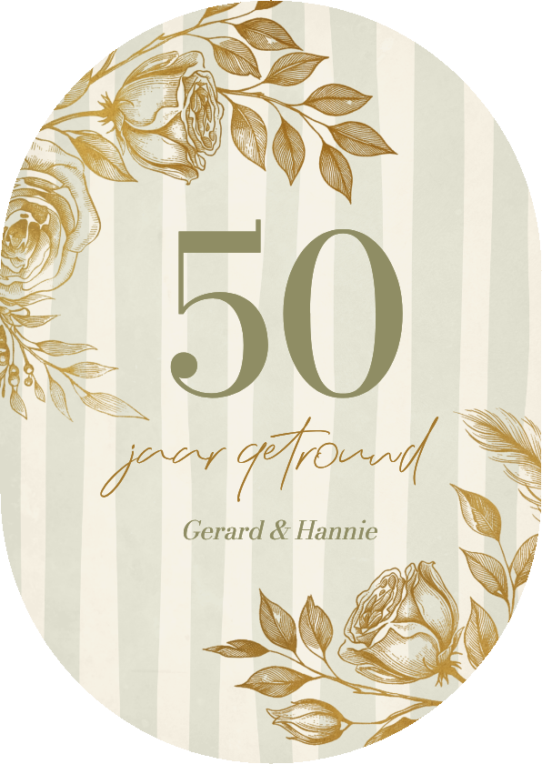 Jubileumkaarten - Stijlvolle ovale jubileumkaart met gouden bloemen en strepen