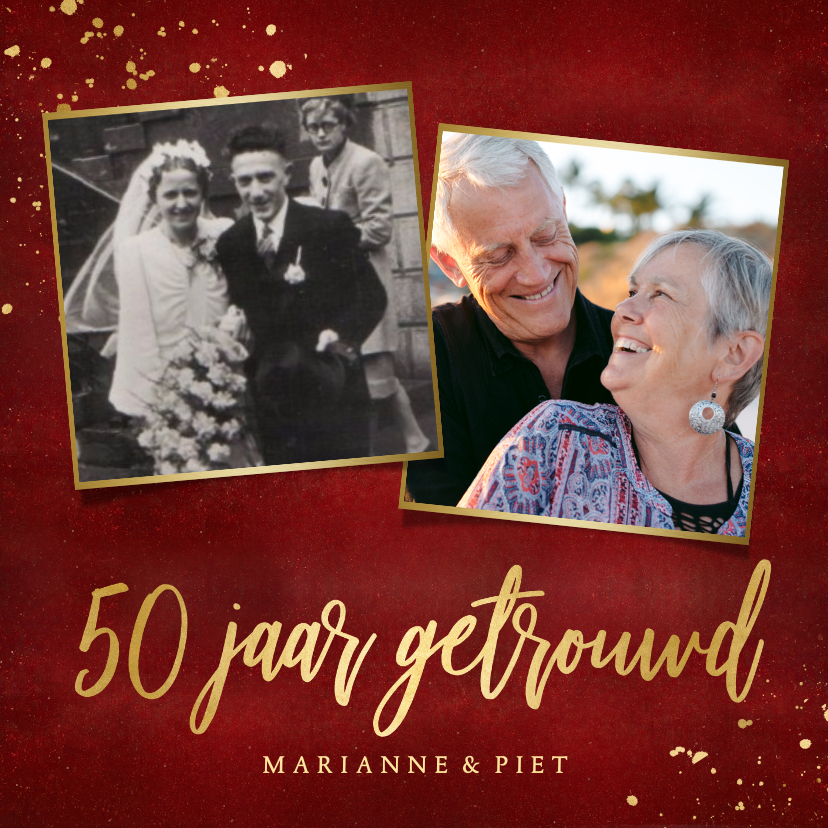 Jubileumkaarten - Stijlvolle rode uitnodigingskaart 50 jaar getrouwd met goud 