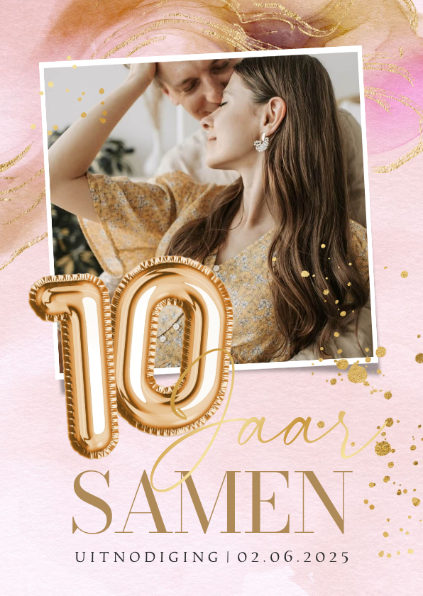 Stijlvolle uitnodiging 10 jaar samen watercolor goud - Jubileumkaarten Jubileumkaarten - Stijlvolle uitnodiging 10 jaar samen watercolor goud