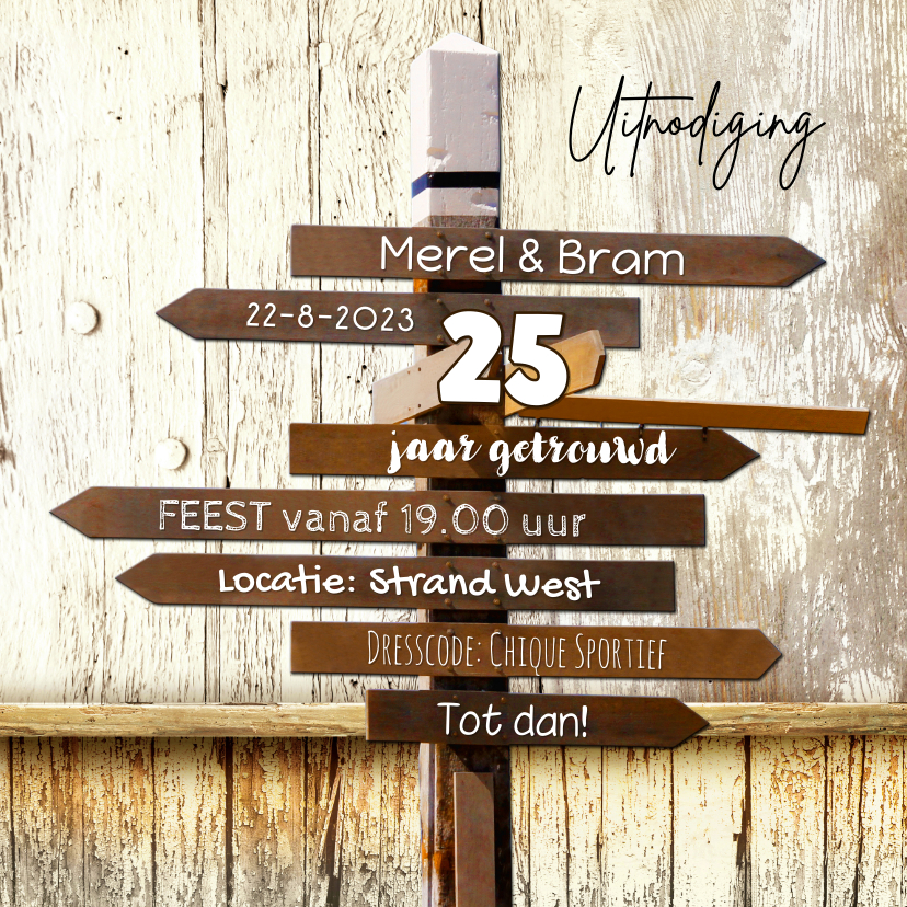 Trendy uitnodiging wegwijzer hout - Jubileumkaarten Jubileumkaarten - Trendy uitnodiging wegwijzer hout