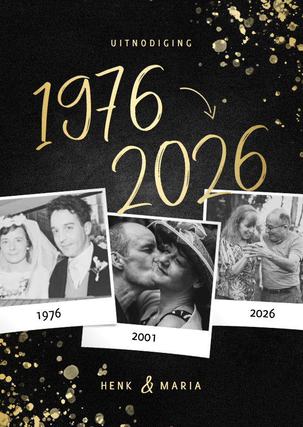 Uitnodiging 1976/2026 jubileum fotocollage met spetters - Jubileumkaarten Jubileumkaarten - Uitnodiging 1976/2026 jubileum fotocollage met spetters