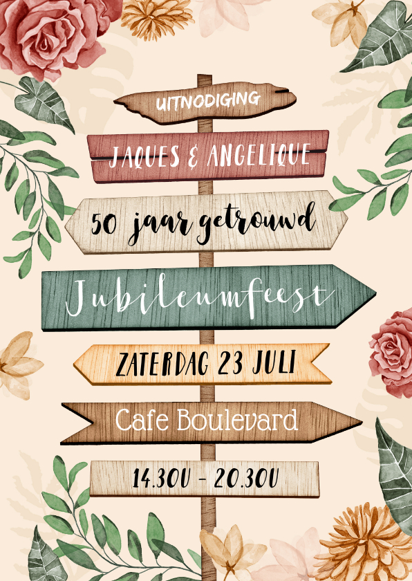 Jubileumkaarten - Uitnodiging 50 jarig jubileum wegwijzers en bloemen
