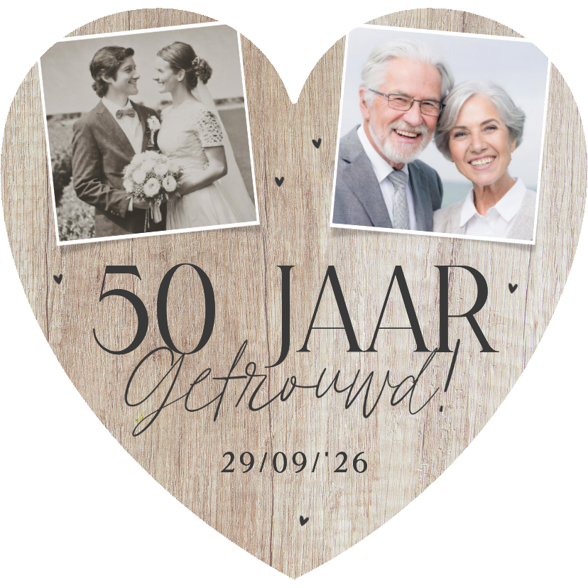 Uitnodiging hartvorm 50 jaar getrouwd fotocollage hout - Jubileumkaarten Jubileumkaarten - Uitnodiging hartvorm 50 jaar getrouwd fotocollage hout