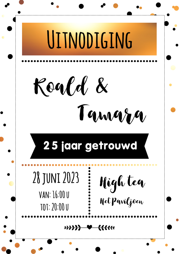 Uitnodiging huwelijk goud en stippen - Jubileumkaarten Jubileumkaarten - Uitnodiging huwelijk goud en stippen