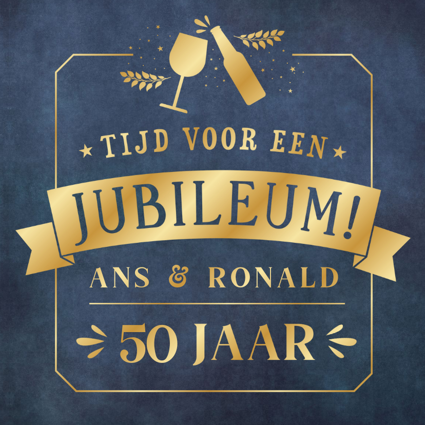 Jubileumkaarten - Uitnodiging huwelijksjubileum goudfolie met bier en wijn