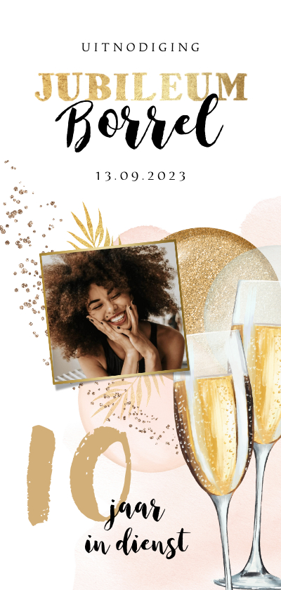 Uitnodiging jubileum 10 jaar ballonnen goud foto champagne - Jubileumkaarten Jubileumkaarten - Uitnodiging jubileum 10 jaar ballonnen goud foto champagne
