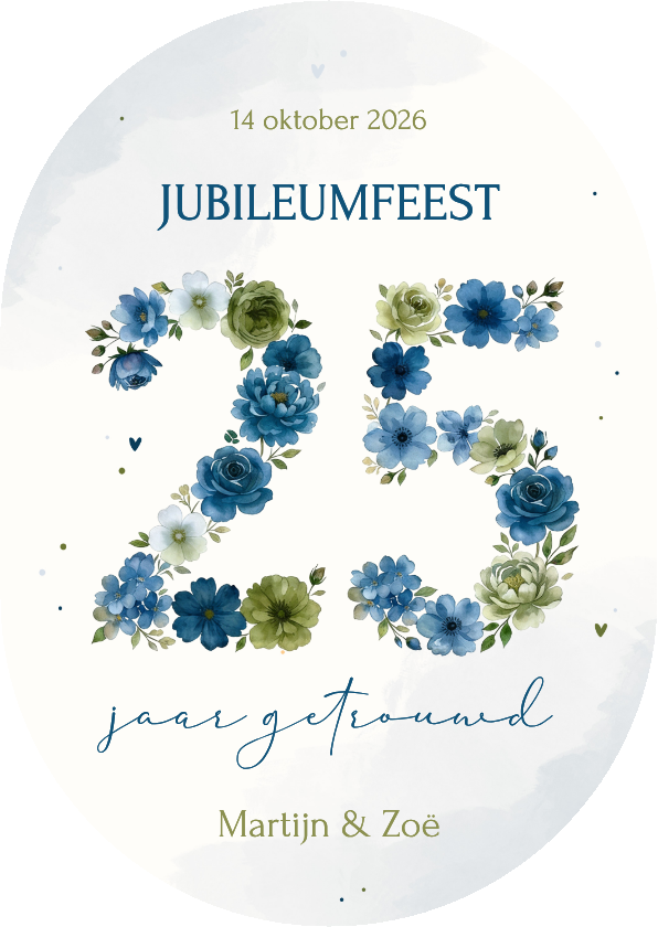 Jubileumkaarten - Uitnodiging jubileum 25 jaar in blauwe bloemen ovaal